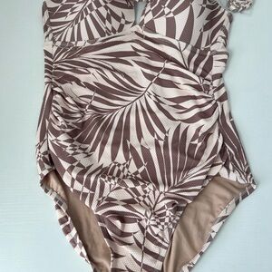 Brown and Cream Leaf Print Swimsuit